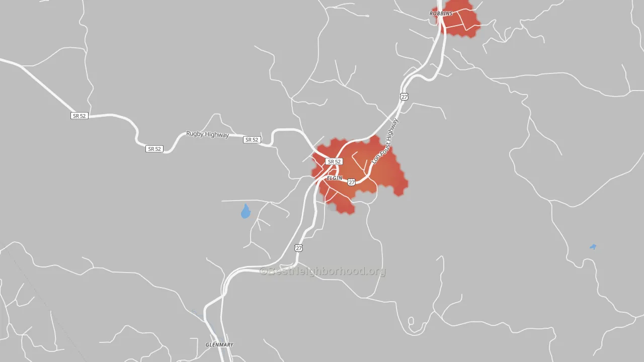 Walk Grade map of 37732, TN, walkable areas in green and car-dependent areas in red