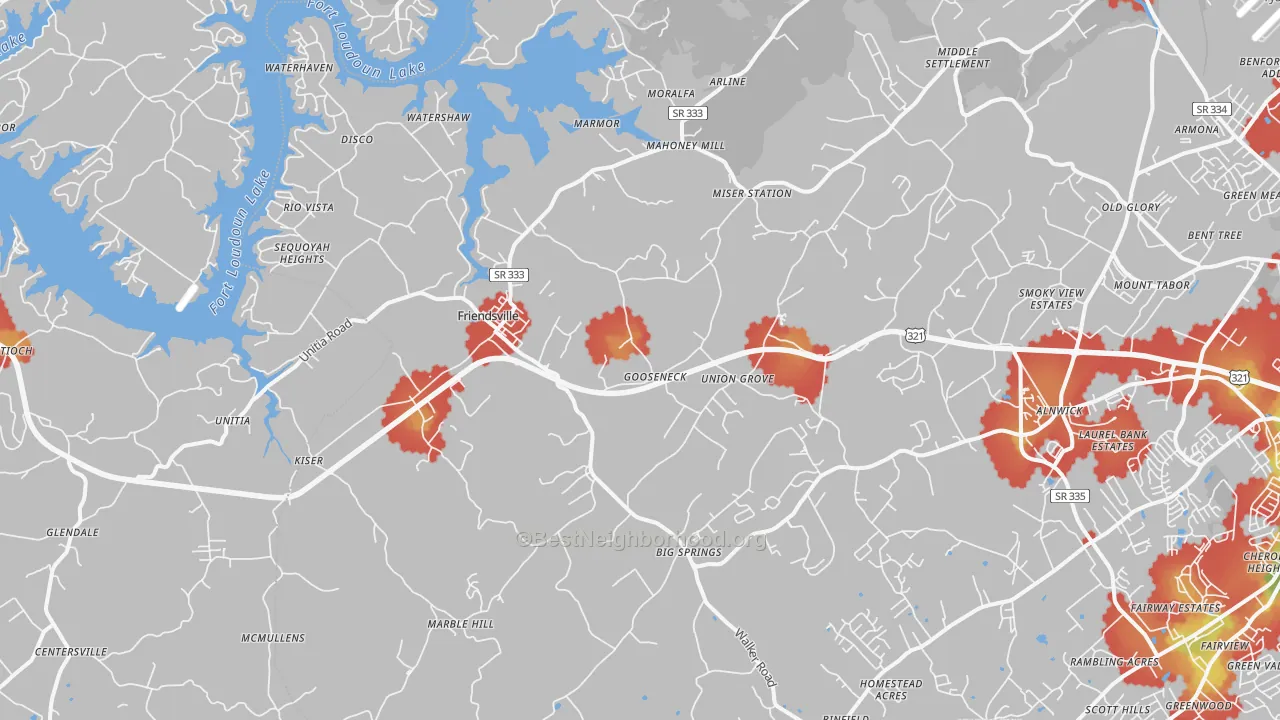 Walk Grade map of 37737, TN, walkable areas in green and car-dependent areas in red