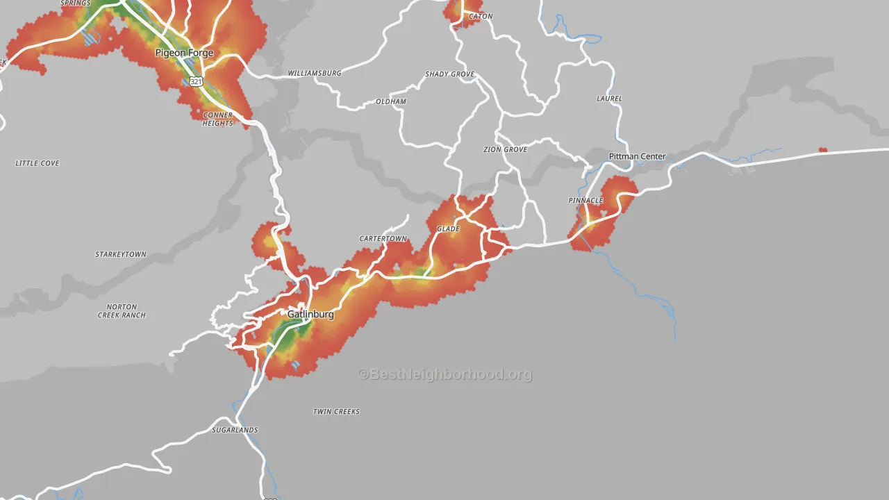 Walk Grade map of 37738, TN, walkable areas in green and car-dependent areas in red