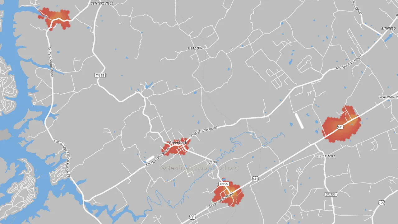 Walk Grade map of 37742, TN, walkable areas in green and car-dependent areas in red