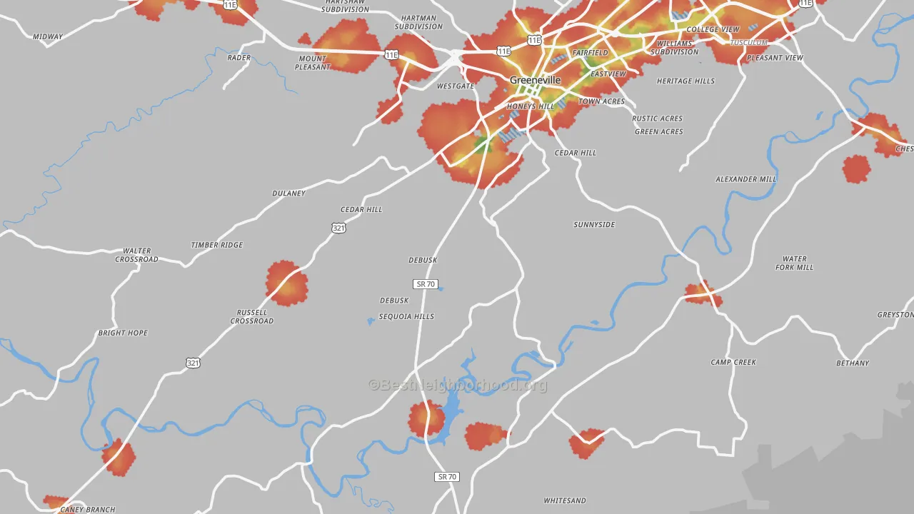 Walk Grade map of 37743, TN, walkable areas in green and car-dependent areas in red