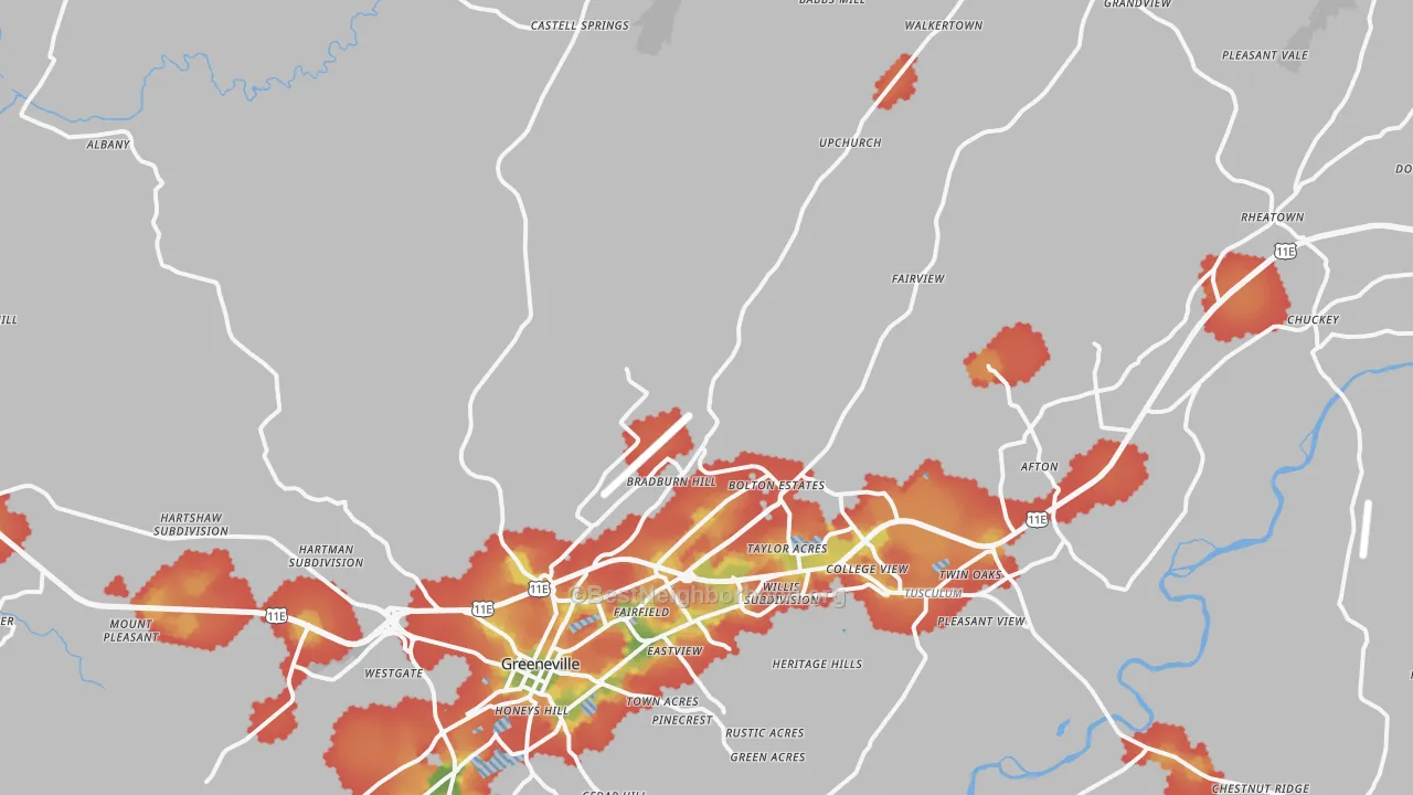 Walk Grade map of 37745, TN, walkable areas in green and car-dependent areas in red