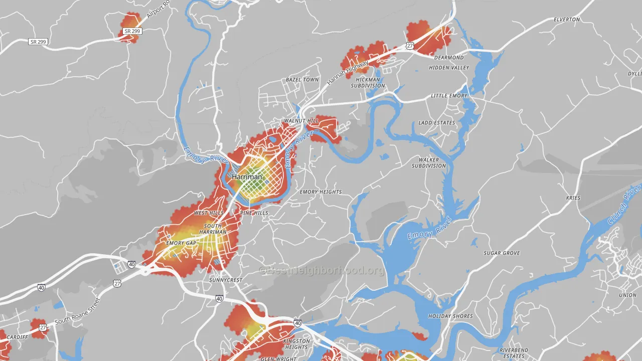 Walk Grade map of 37748, TN, walkable areas in green and car-dependent areas in red