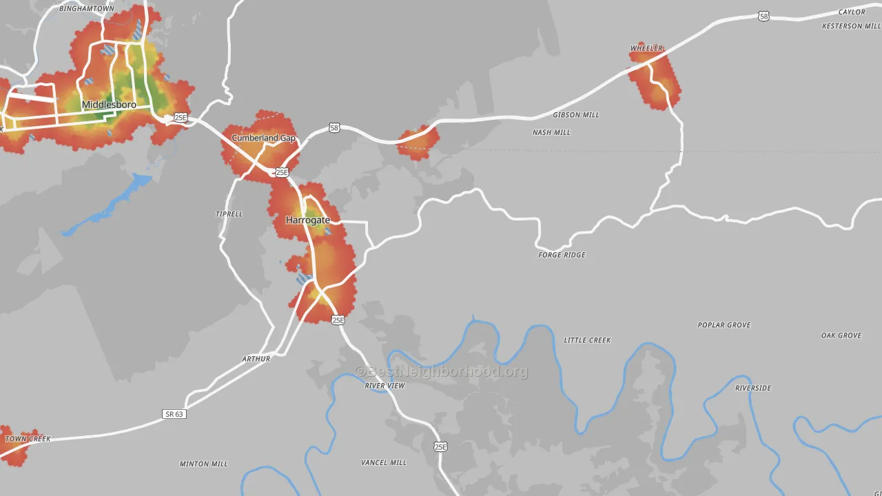 Walk Grade map of 37752, TN, walkable areas in green and car-dependent areas in red