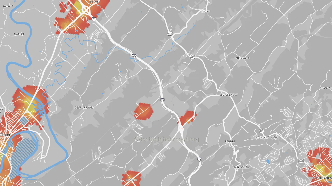 Walk Grade map of 37754, TN, walkable areas in green and car-dependent areas in red