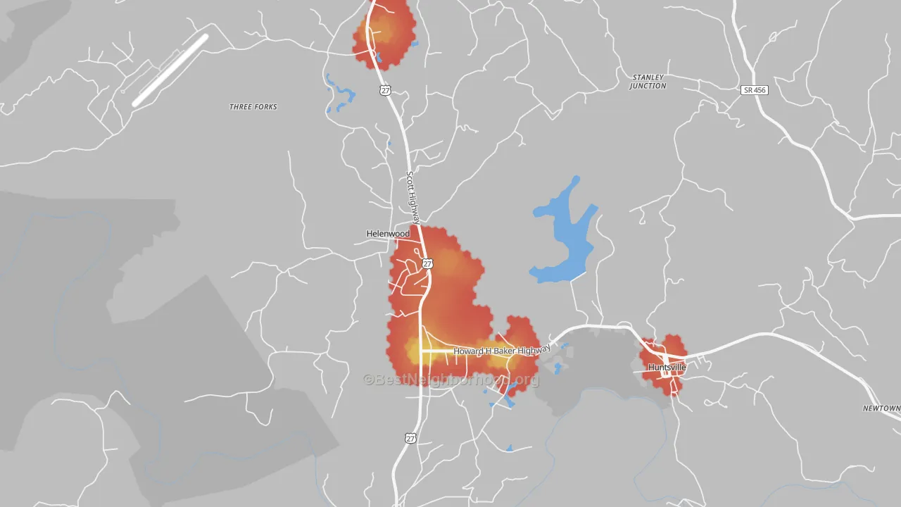 Walk Grade map of 37755, TN, walkable areas in green and car-dependent areas in red