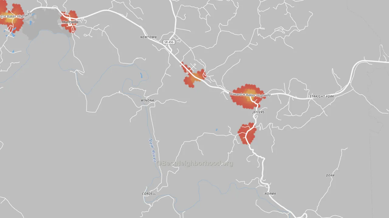 Walk Grade map of 37756, TN, walkable areas in green and car-dependent areas in red