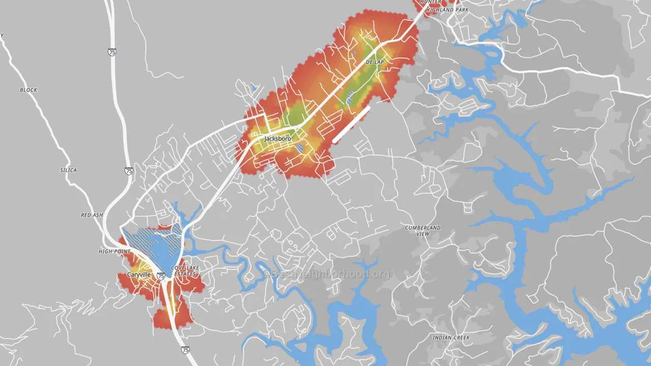 Walk Grade map of 37757, TN, walkable areas in green and car-dependent areas in red