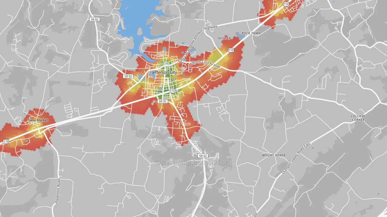 Walk Grade map of 37760, TN, walkable areas in green and car-dependent areas in red