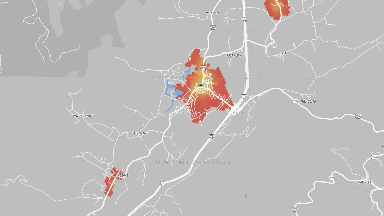 Walk Grade map of 37762, TN, walkable areas in green and car-dependent areas in red