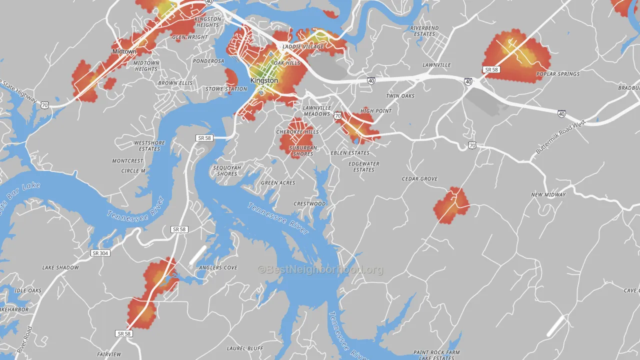 Walk Grade map of 37763, TN, walkable areas in green and car-dependent areas in red