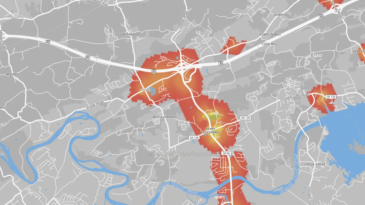 Walk Grade map of 37764, TN, walkable areas in green and car-dependent areas in red