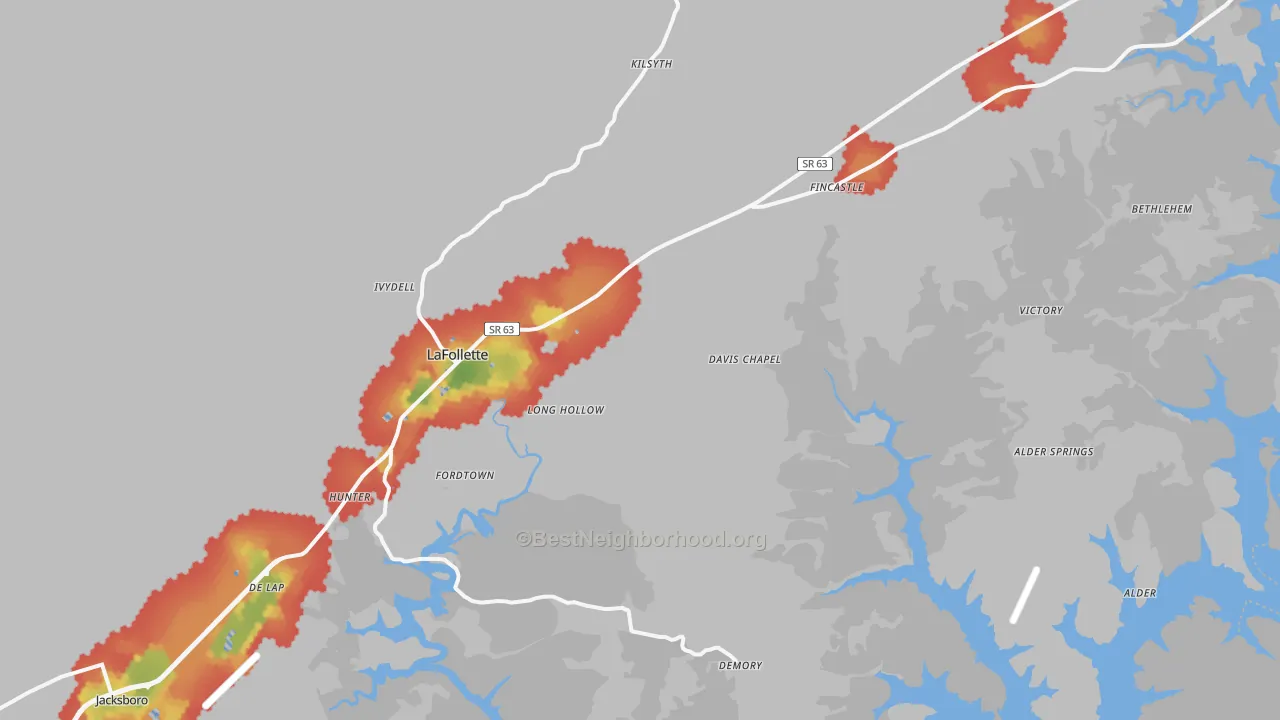 Walk Grade map of 37766, TN, walkable areas in green and car-dependent areas in red