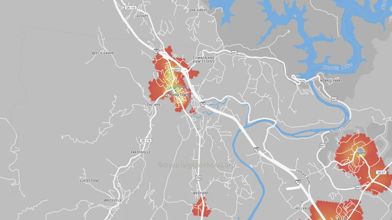 Walk Grade map of 37769, TN, walkable areas in green and car-dependent areas in red