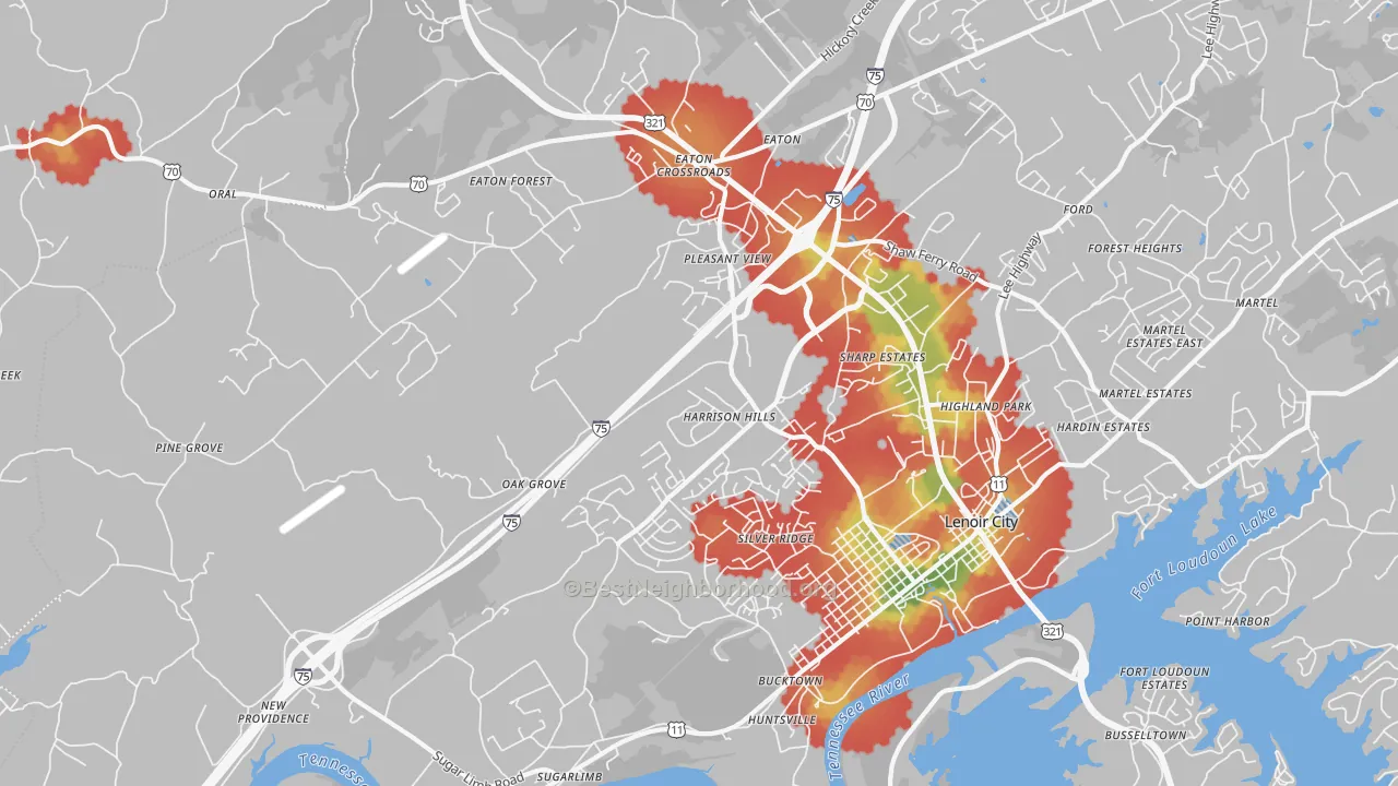 Walk Grade map of 37771, TN, walkable areas in green and car-dependent areas in red
