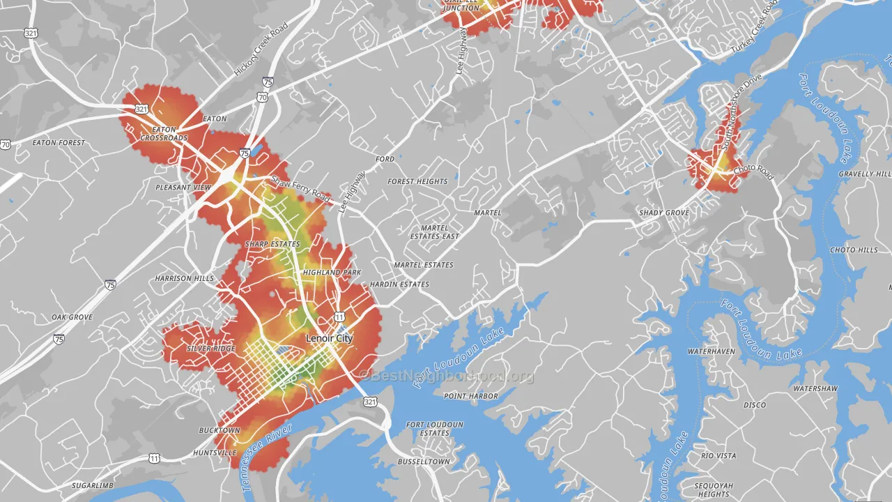 Walk Grade map of 37772, TN, walkable areas in green and car-dependent areas in red