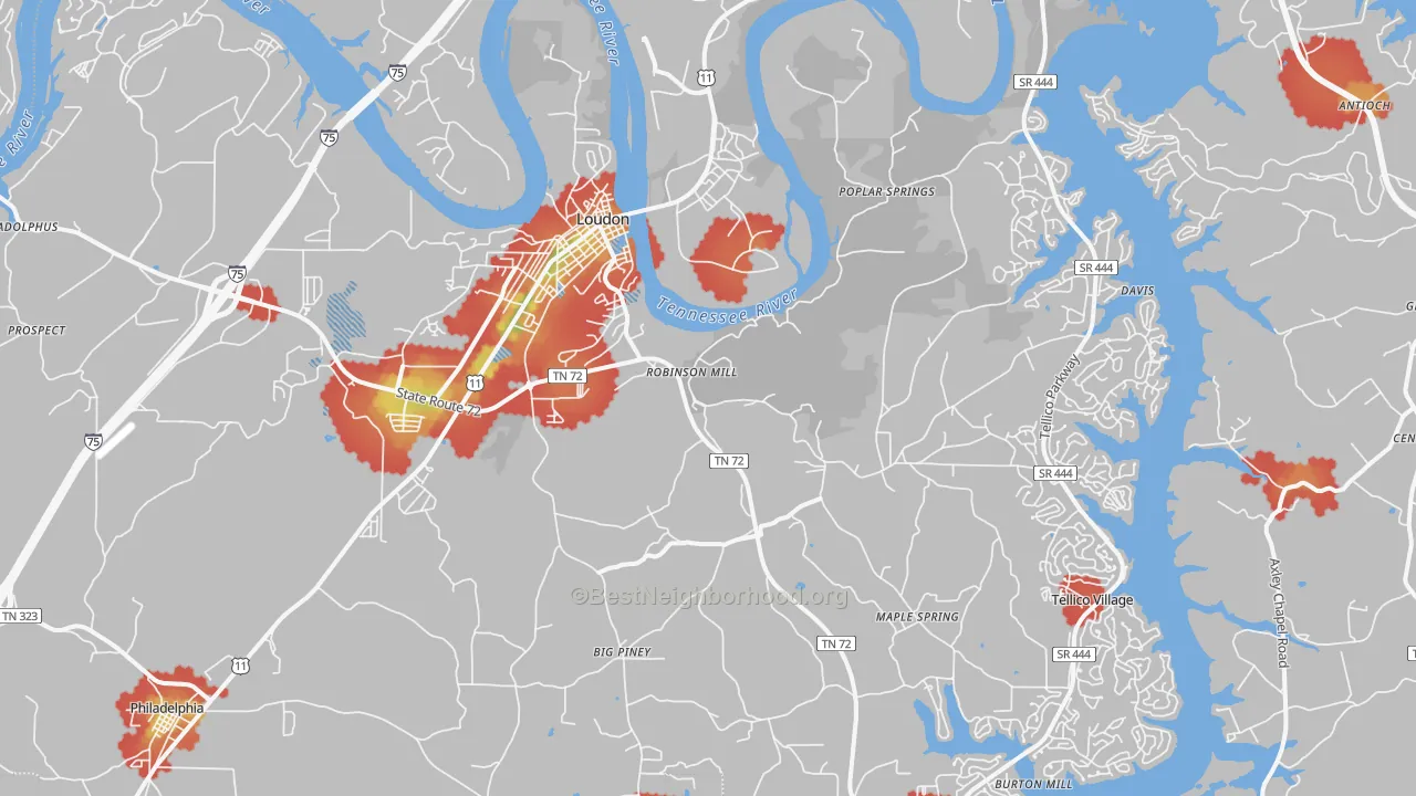 Walk Grade map of 37774, TN, walkable areas in green and car-dependent areas in red