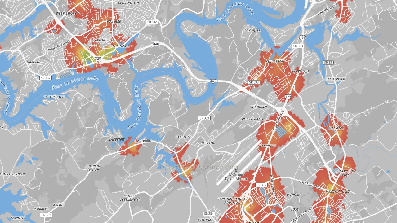 Walk Grade map of 37777, TN, walkable areas in green and car-dependent areas in red