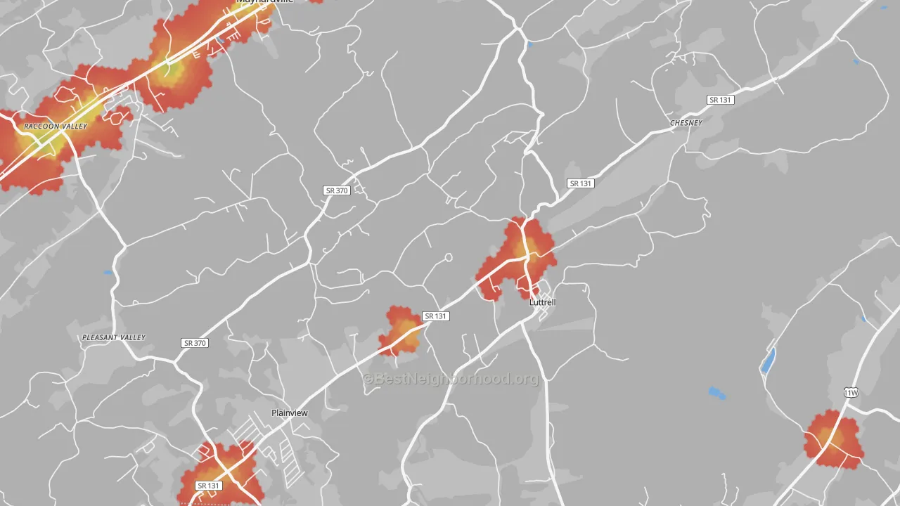 Walk Grade map of 37779, TN, walkable areas in green and car-dependent areas in red