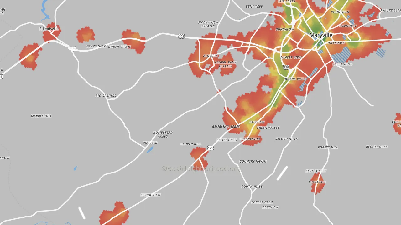 Walk Grade map of 37801, TN, walkable areas in green and car-dependent areas in red
