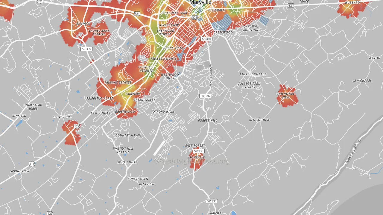 Walk Grade map of 37803, TN, walkable areas in green and car-dependent areas in red