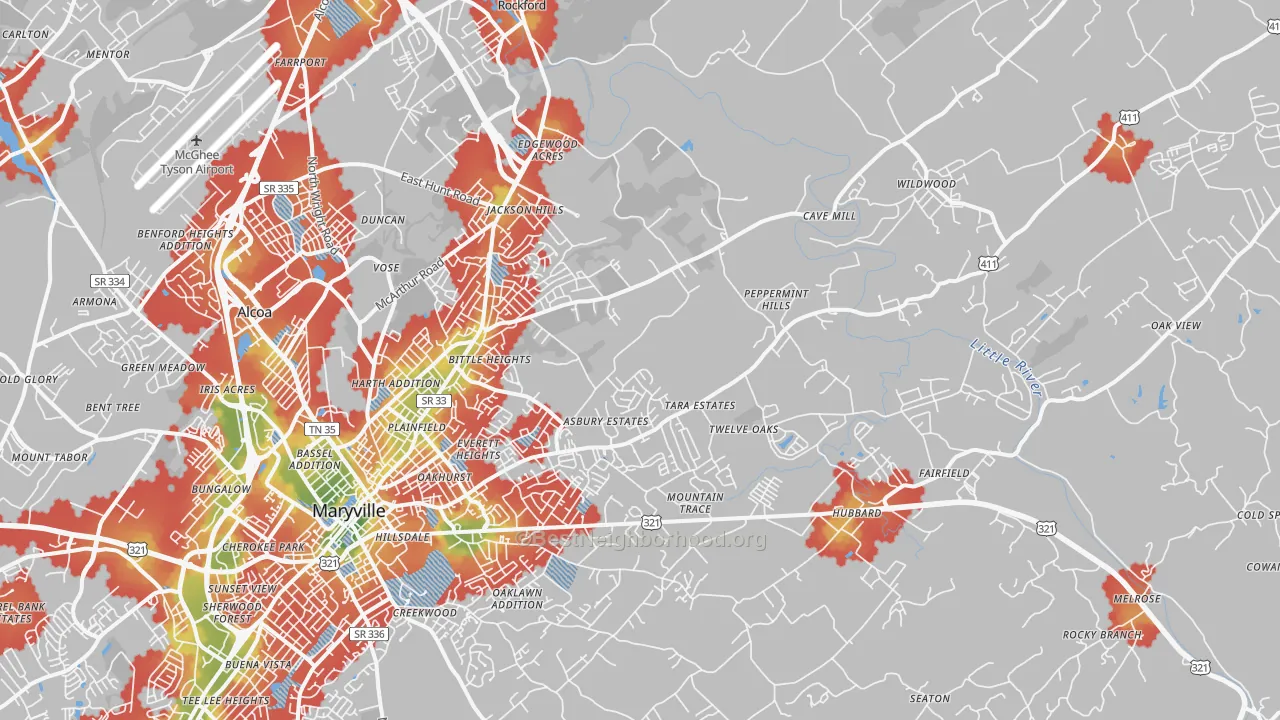 Walk Grade map of 37804, TN, walkable areas in green and car-dependent areas in red
