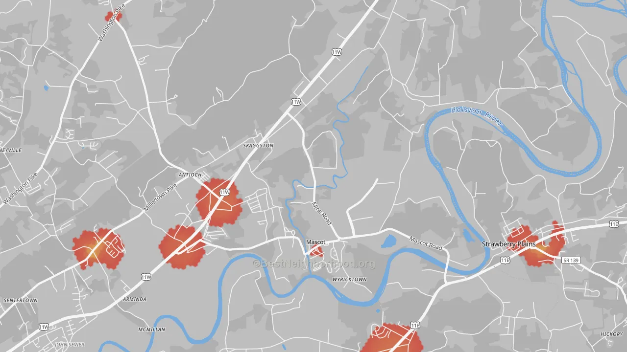 Walk Grade map of 37806, TN, walkable areas in green and car-dependent areas in red