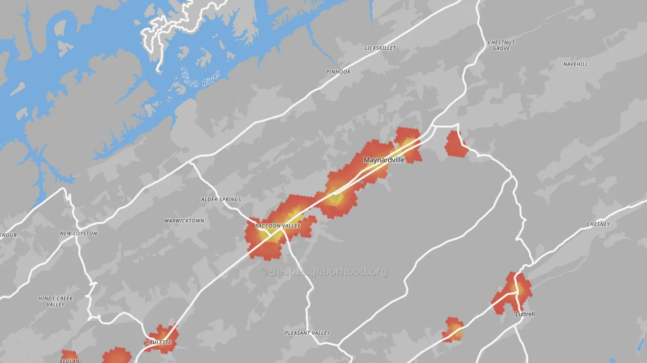 Walk Grade map of 37807, TN, walkable areas in green and car-dependent areas in red
