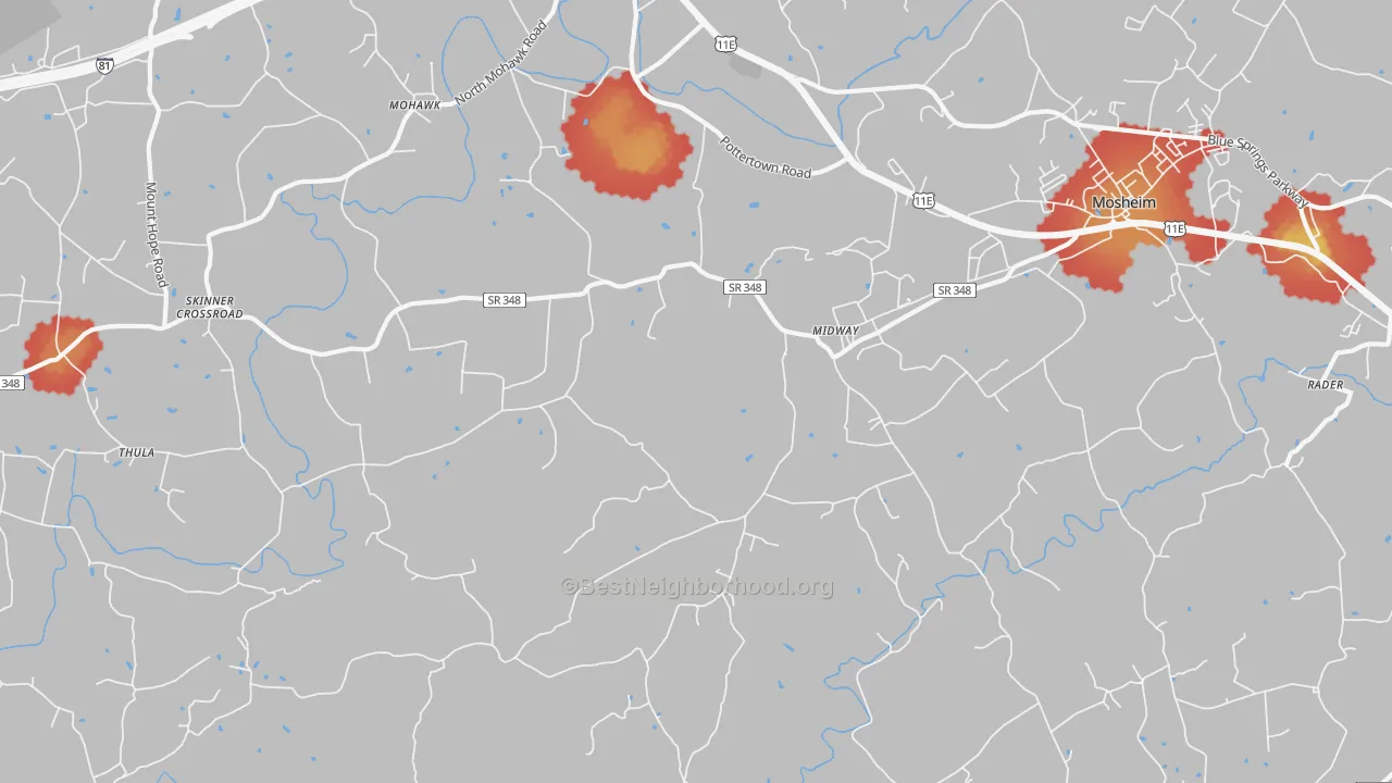 Walk Grade map of 37809, TN, walkable areas in green and car-dependent areas in red