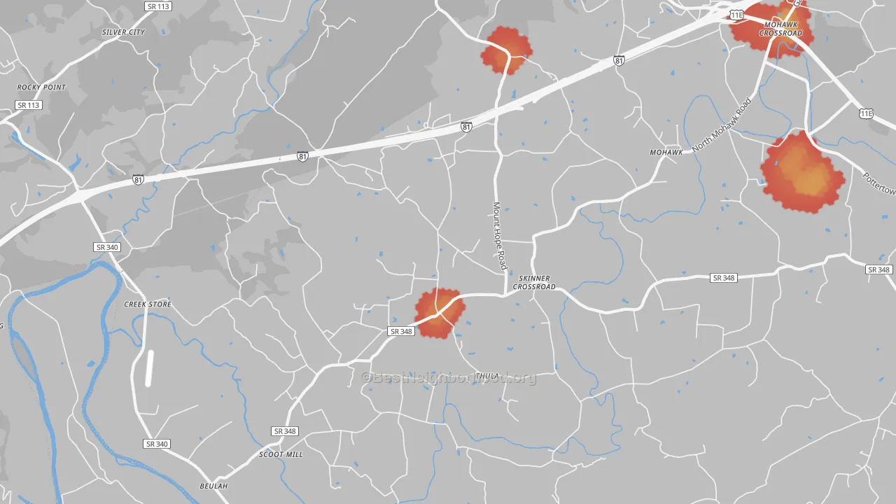 Walk Grade map of 37810, TN, walkable areas in green and car-dependent areas in red