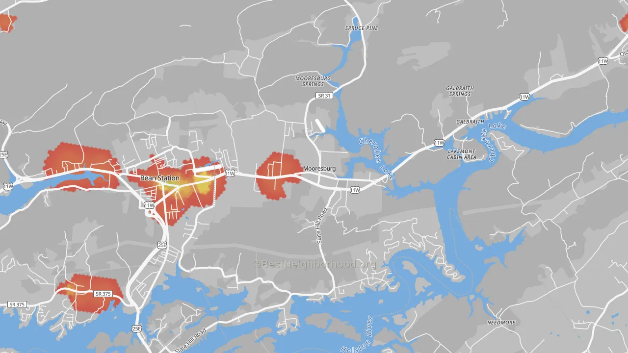 Walk Grade map of 37811, TN, walkable areas in green and car-dependent areas in red