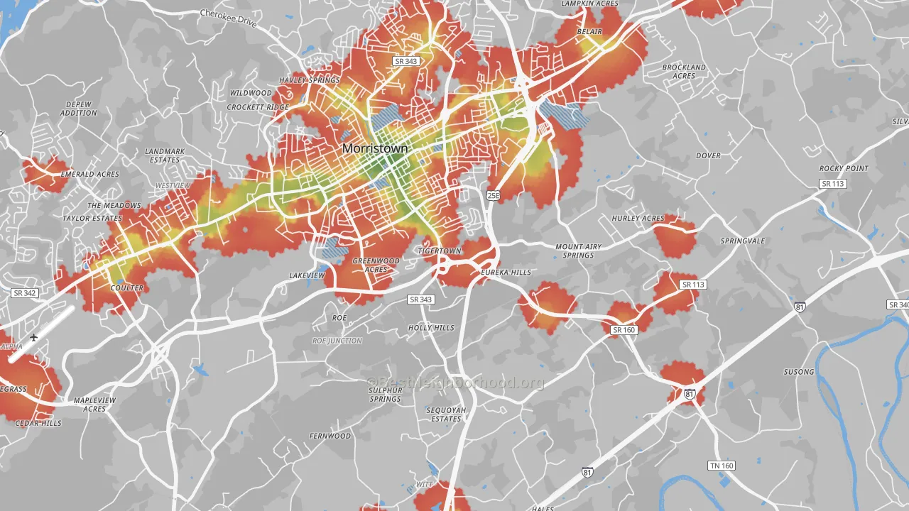 Walk Grade map of 37813, TN, walkable areas in green and car-dependent areas in red