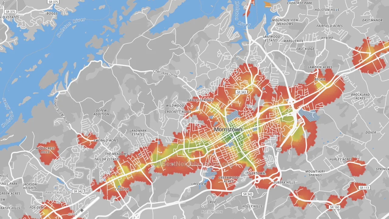 Walk Grade map of 37814, TN, walkable areas in green and car-dependent areas in red