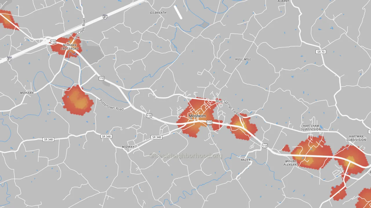 Walk Grade map of 37818, TN, walkable areas in green and car-dependent areas in red