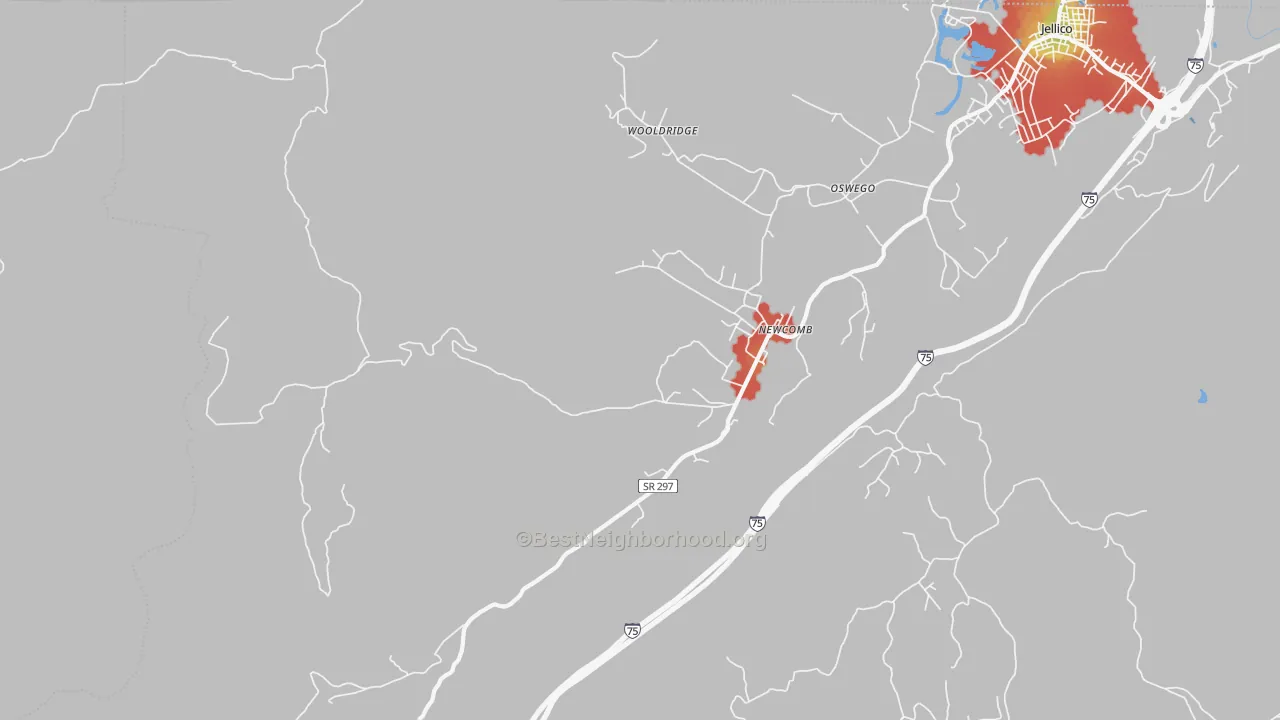 Walk Grade map of 37819, TN, walkable areas in green and car-dependent areas in red