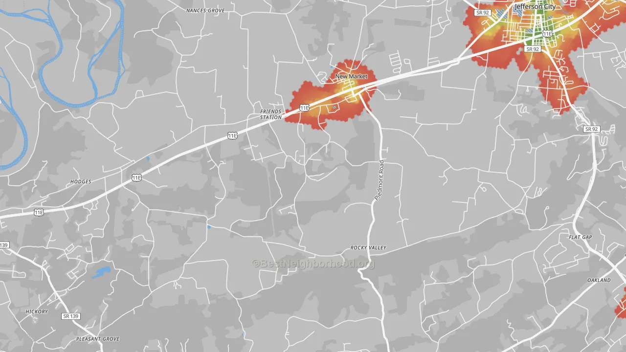 Walk Grade map of 37820, TN, walkable areas in green and car-dependent areas in red
