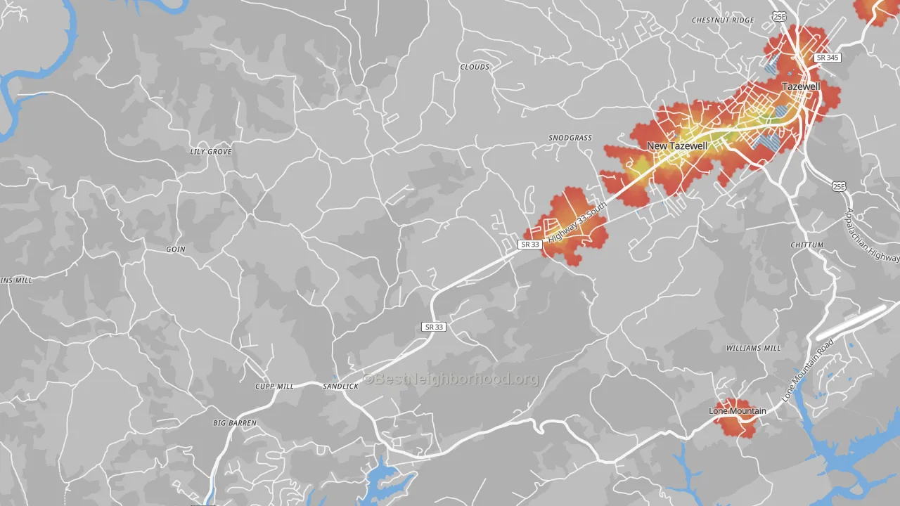 Walk Grade map of 37825, TN, walkable areas in green and car-dependent areas in red