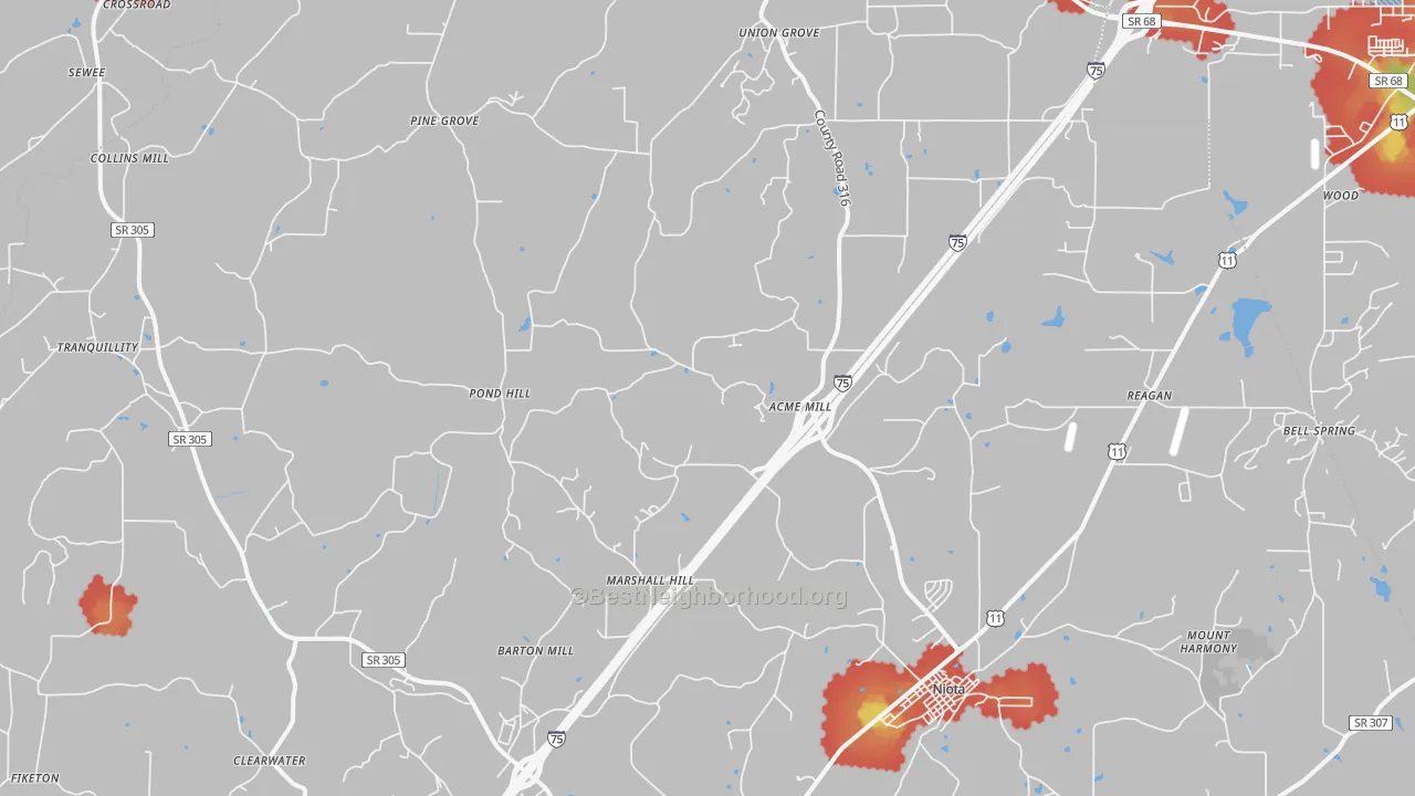 Walk Grade map of 37826, TN, walkable areas in green and car-dependent areas in red