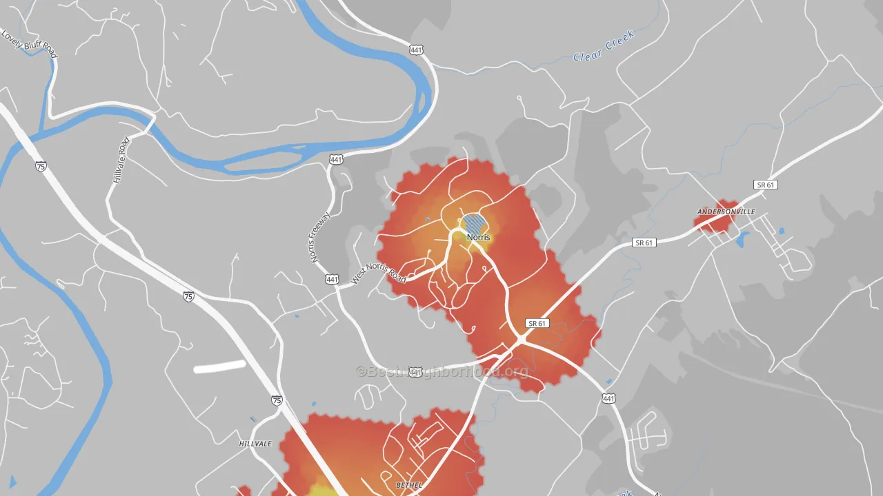 Walk Grade map of 37828, TN, walkable areas in green and car-dependent areas in red