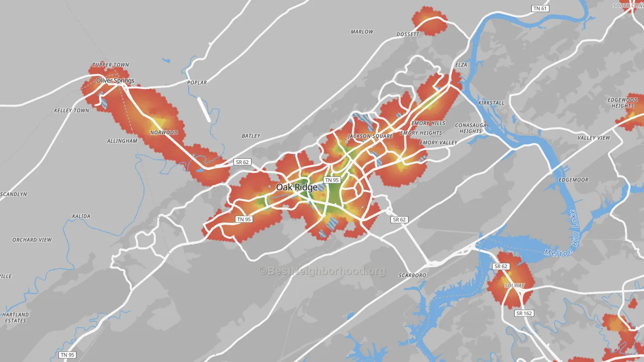 Walk Grade map of 37830, TN, walkable areas in green and car-dependent areas in red