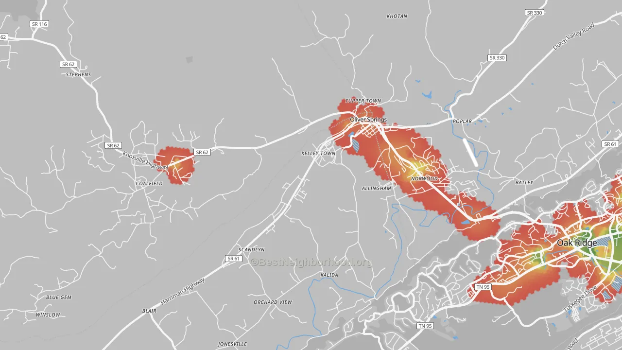 Walk Grade map of 37840, TN, walkable areas in green and car-dependent areas in red