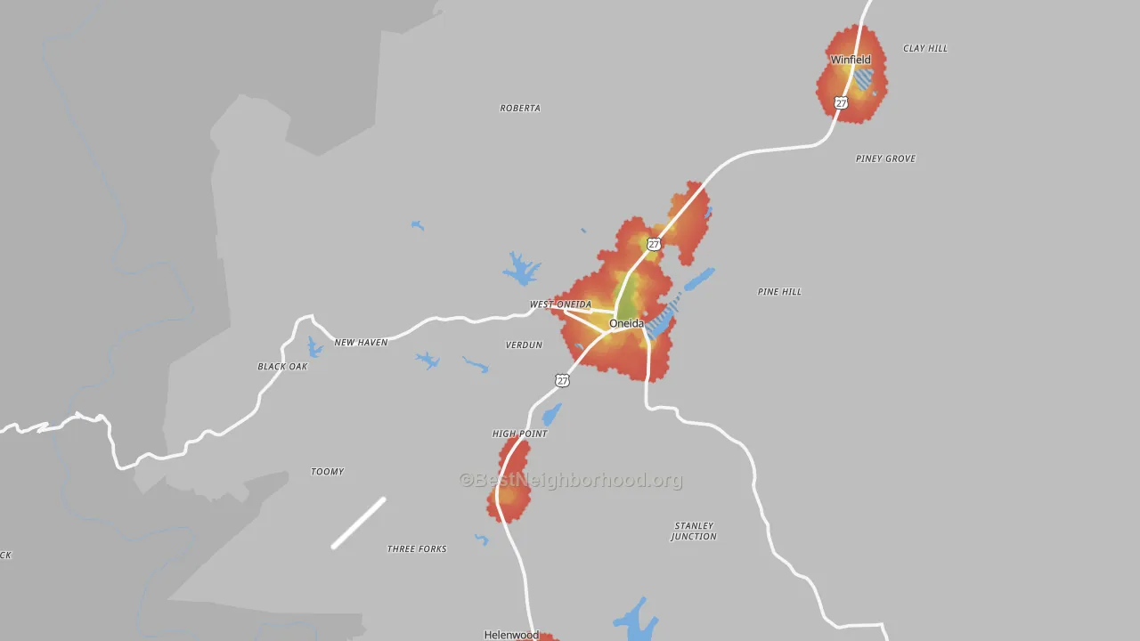 Walk Grade map of 37841, TN, walkable areas in green and car-dependent areas in red