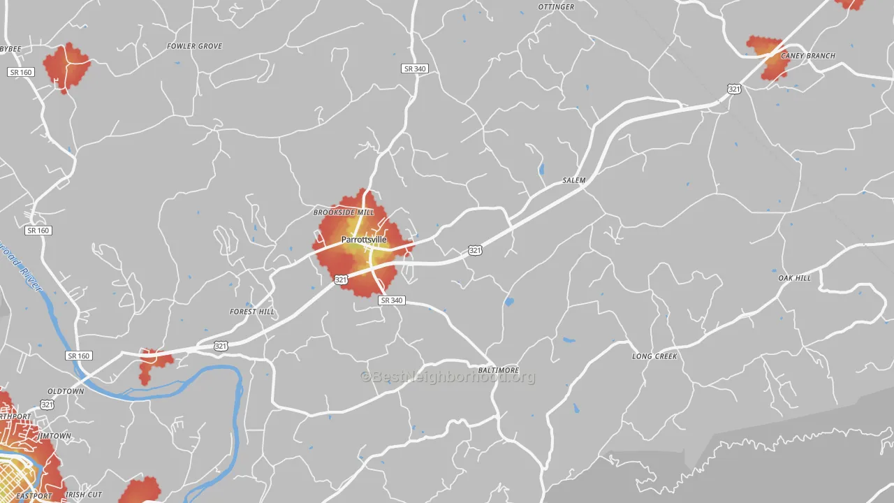 Walk Grade map of 37843, TN, walkable areas in green and car-dependent areas in red