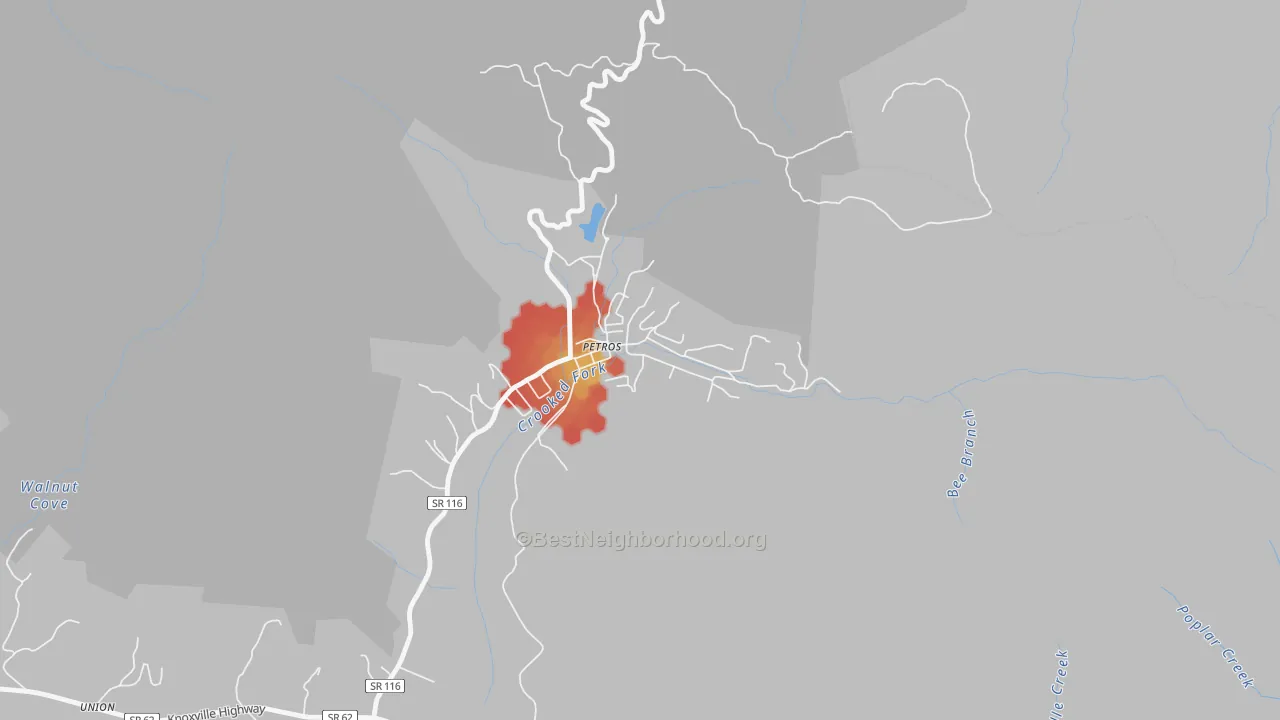Walk Grade map of 37845, TN, walkable areas in green and car-dependent areas in red