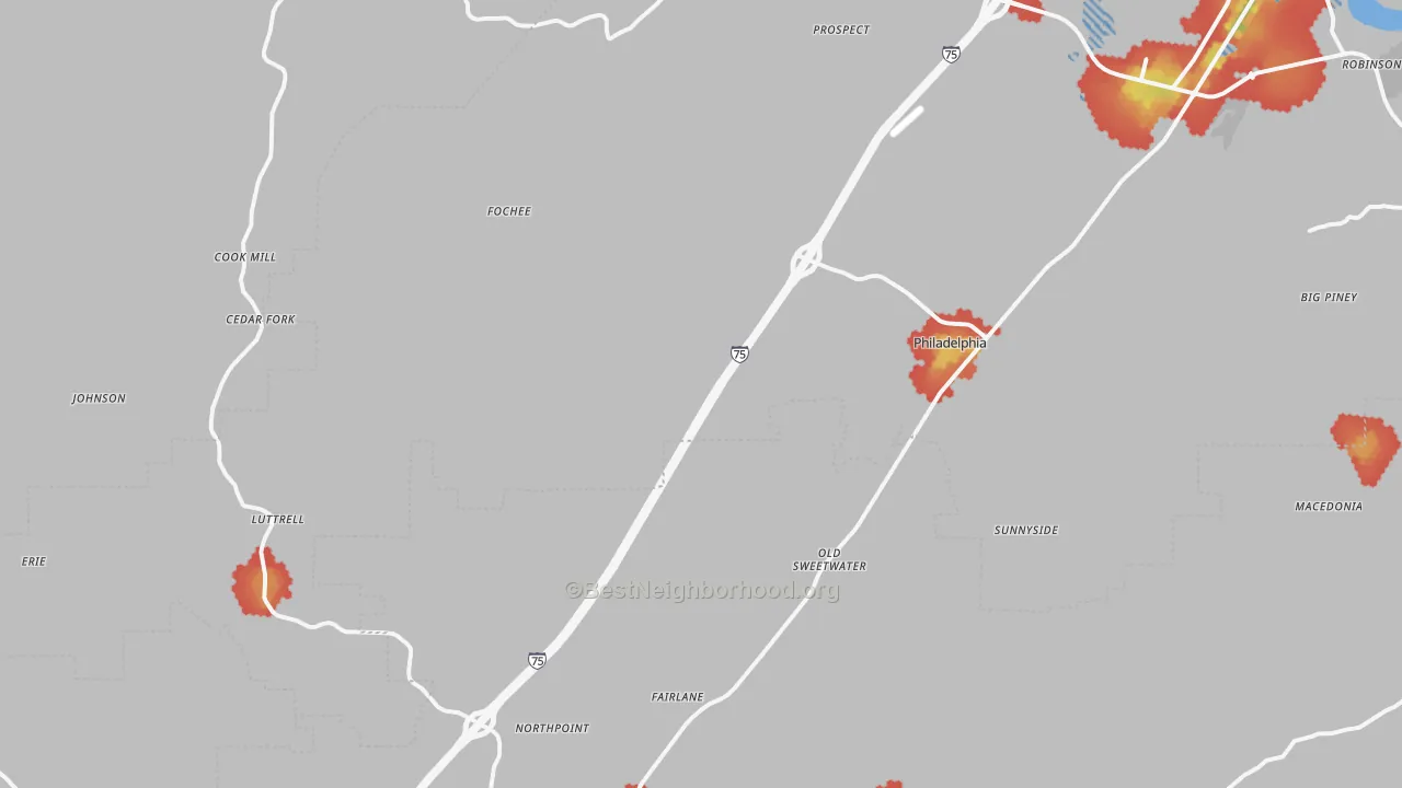 Walk Grade map of 37846, TN, walkable areas in green and car-dependent areas in red