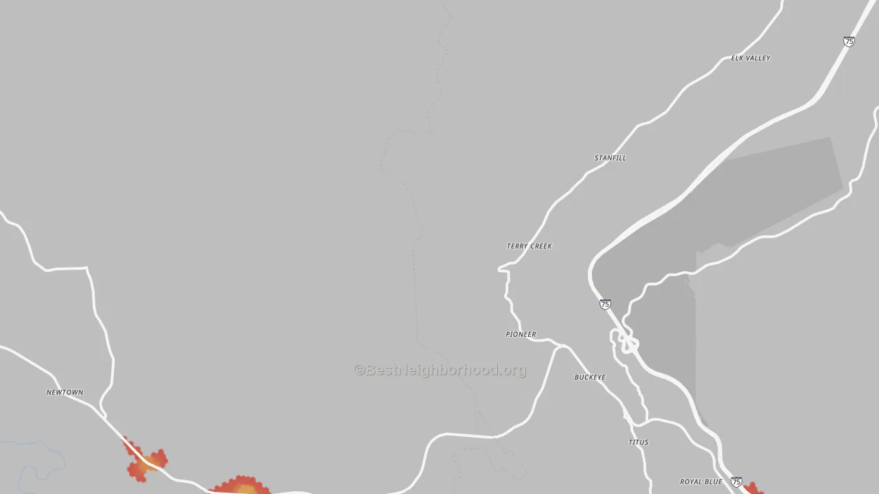 Walk Grade map of 37847, TN, walkable areas in green and car-dependent areas in red