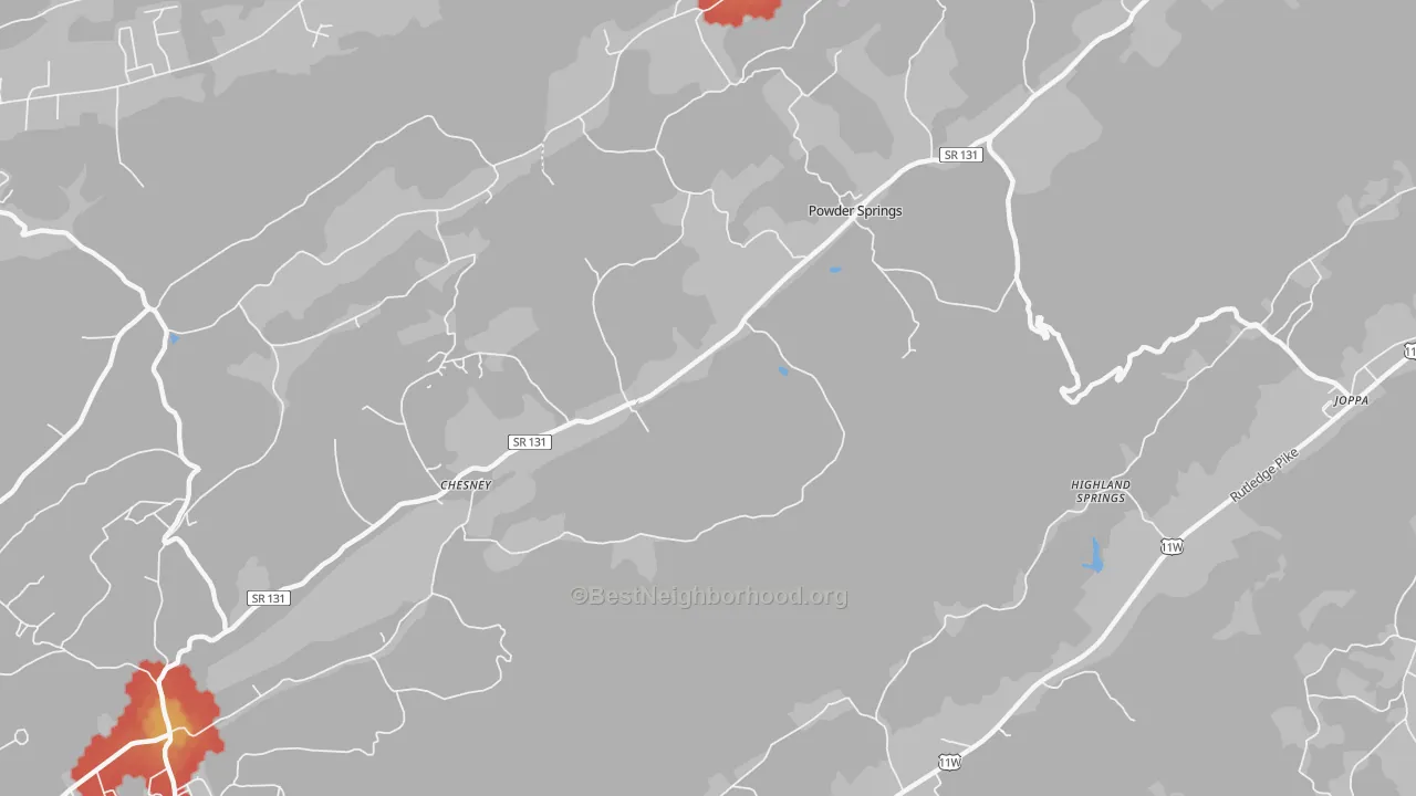 Walk Grade map of 37848, TN, walkable areas in green and car-dependent areas in red