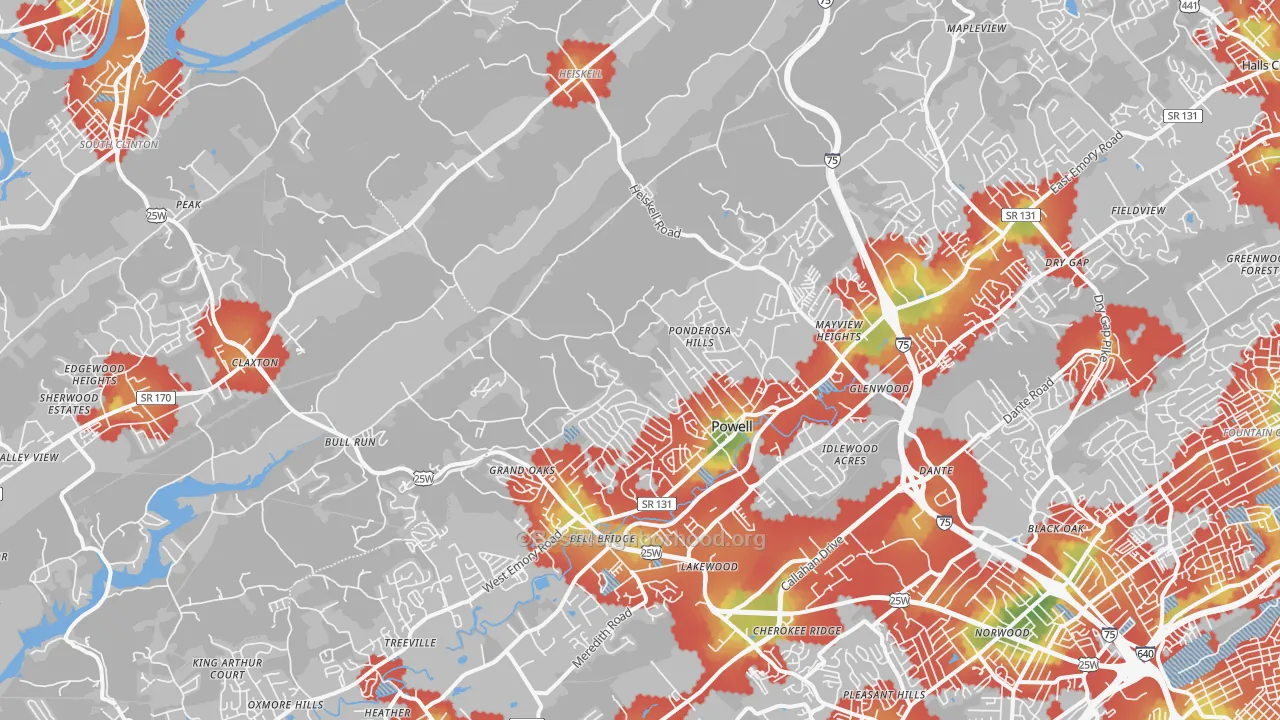 Walk Grade map of 37849, TN, walkable areas in green and car-dependent areas in red
