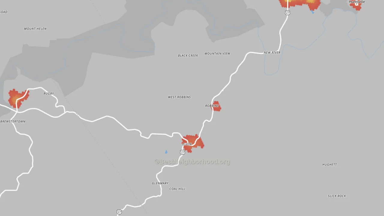 Walk Grade map of 37852, TN, walkable areas in green and car-dependent areas in red