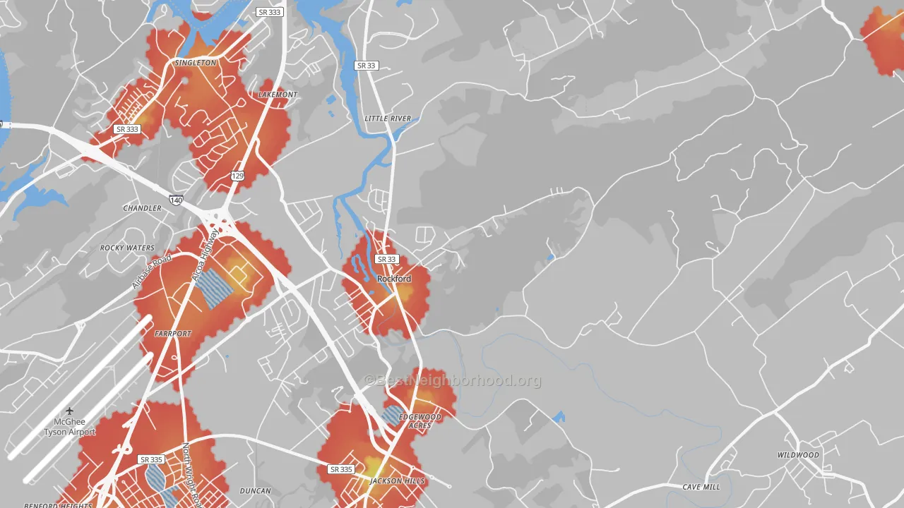 Walk Grade map of 37853, TN, walkable areas in green and car-dependent areas in red